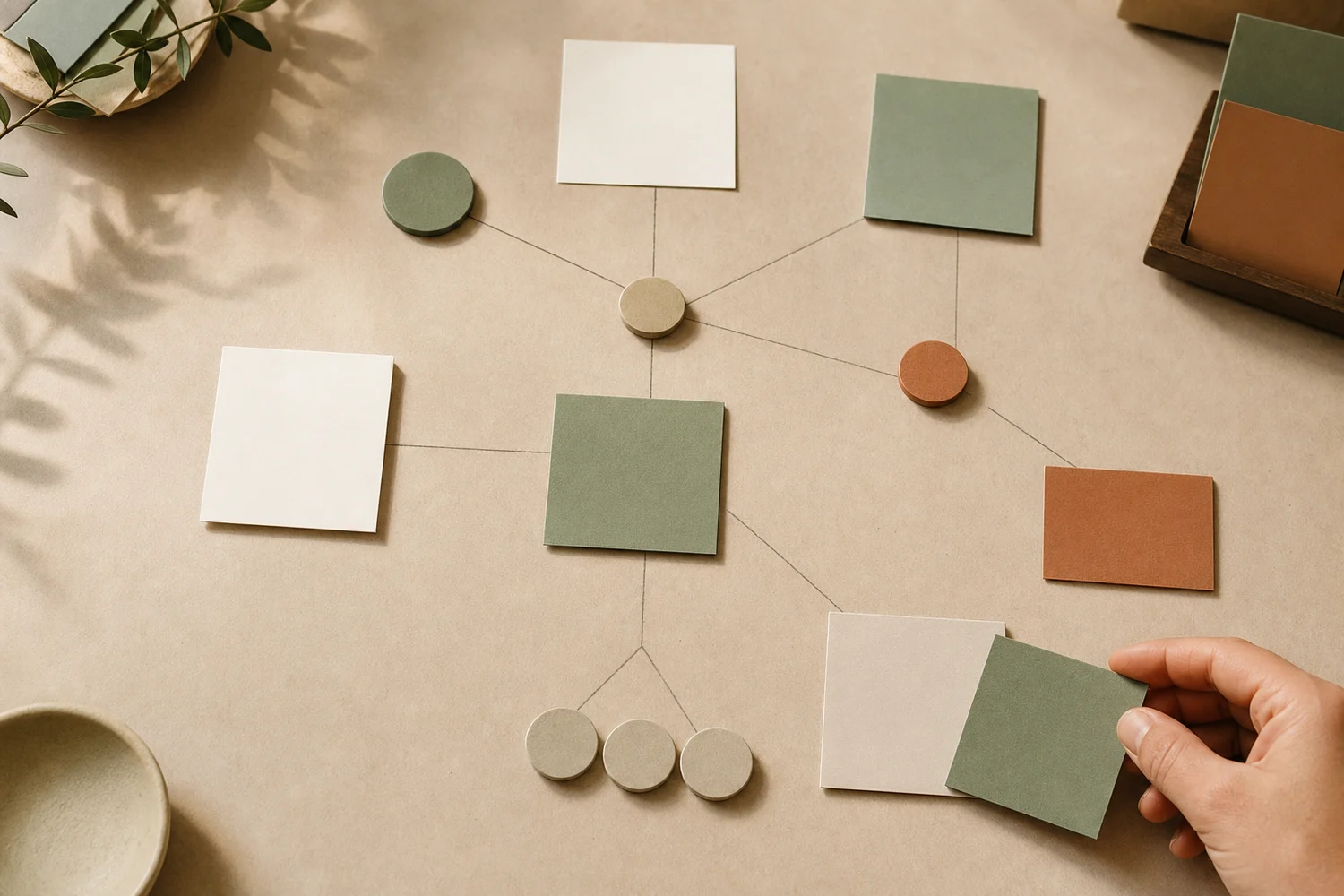Cartões de papel conectados por linhas, como um mapa físico de passagem entre atendimento, vendas e CRM.