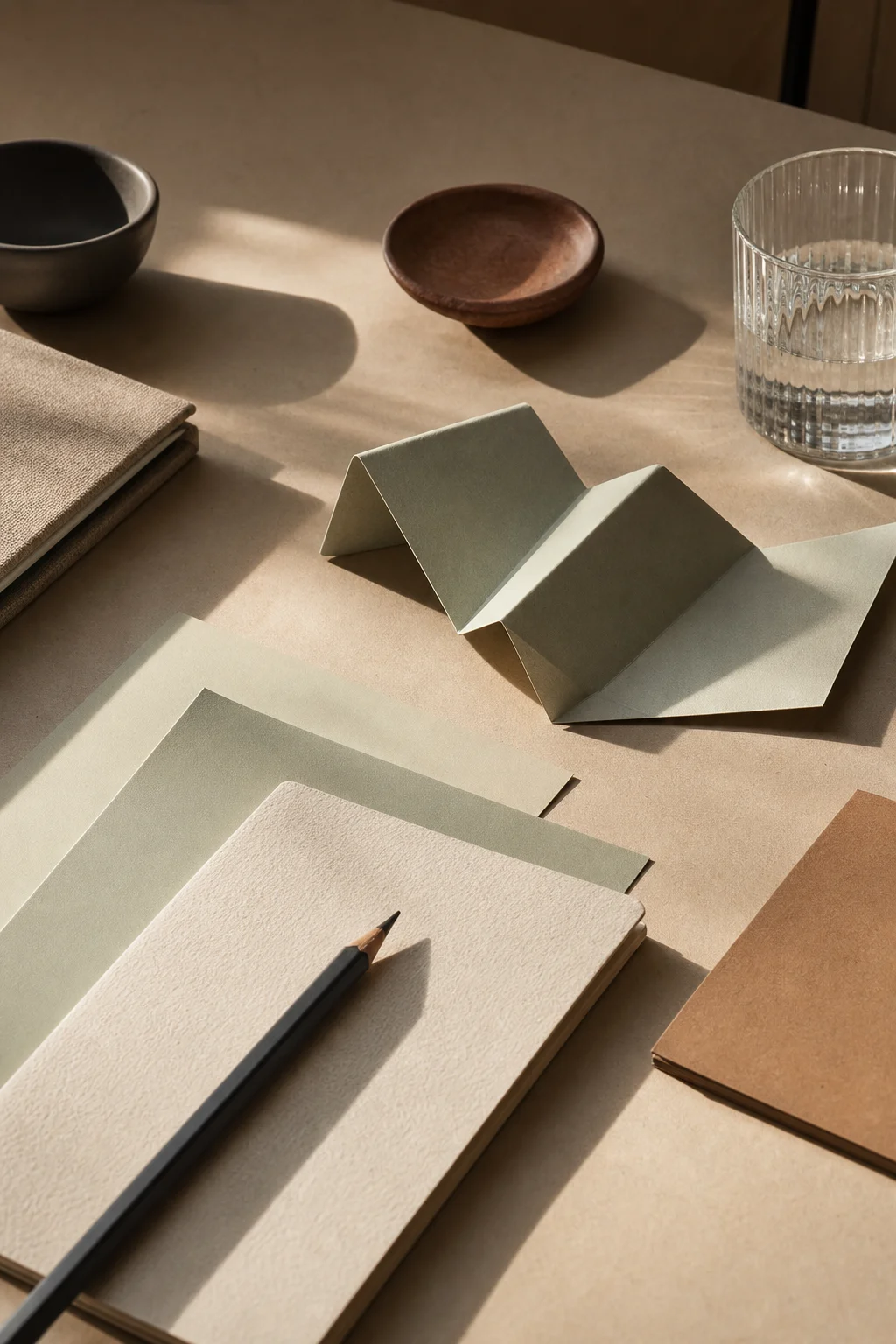 Caderno, lápis e papéis dobrados em uma mesa de trabalho.